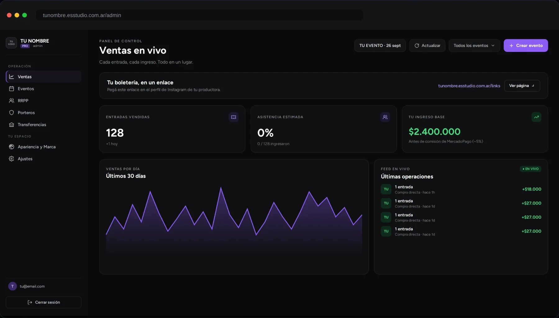 Panel de control de ES Studio con ventas en vivo, gráfico de los últimos 30 días y feed de operaciones