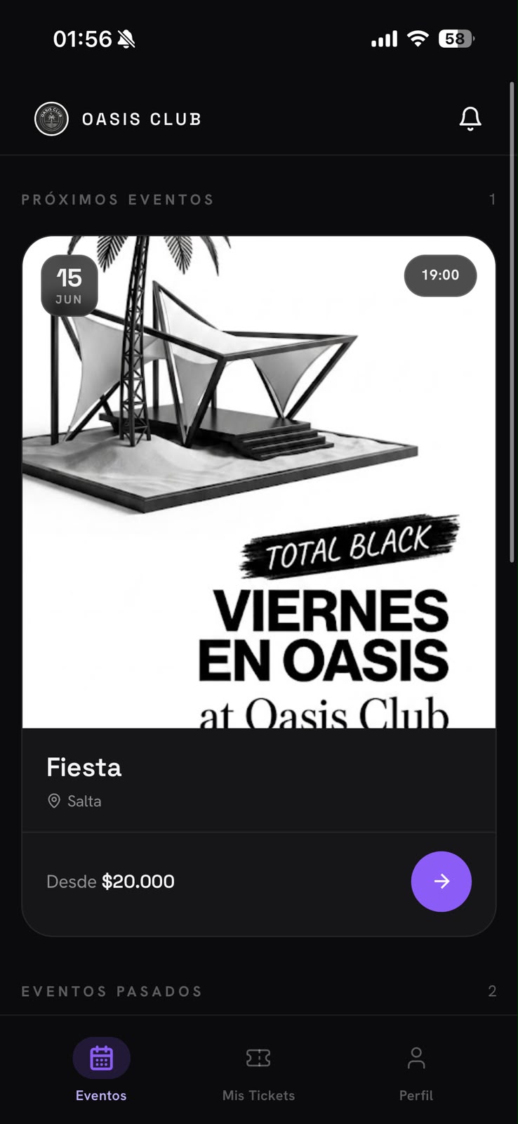 App de Oasis Club — próximos eventos