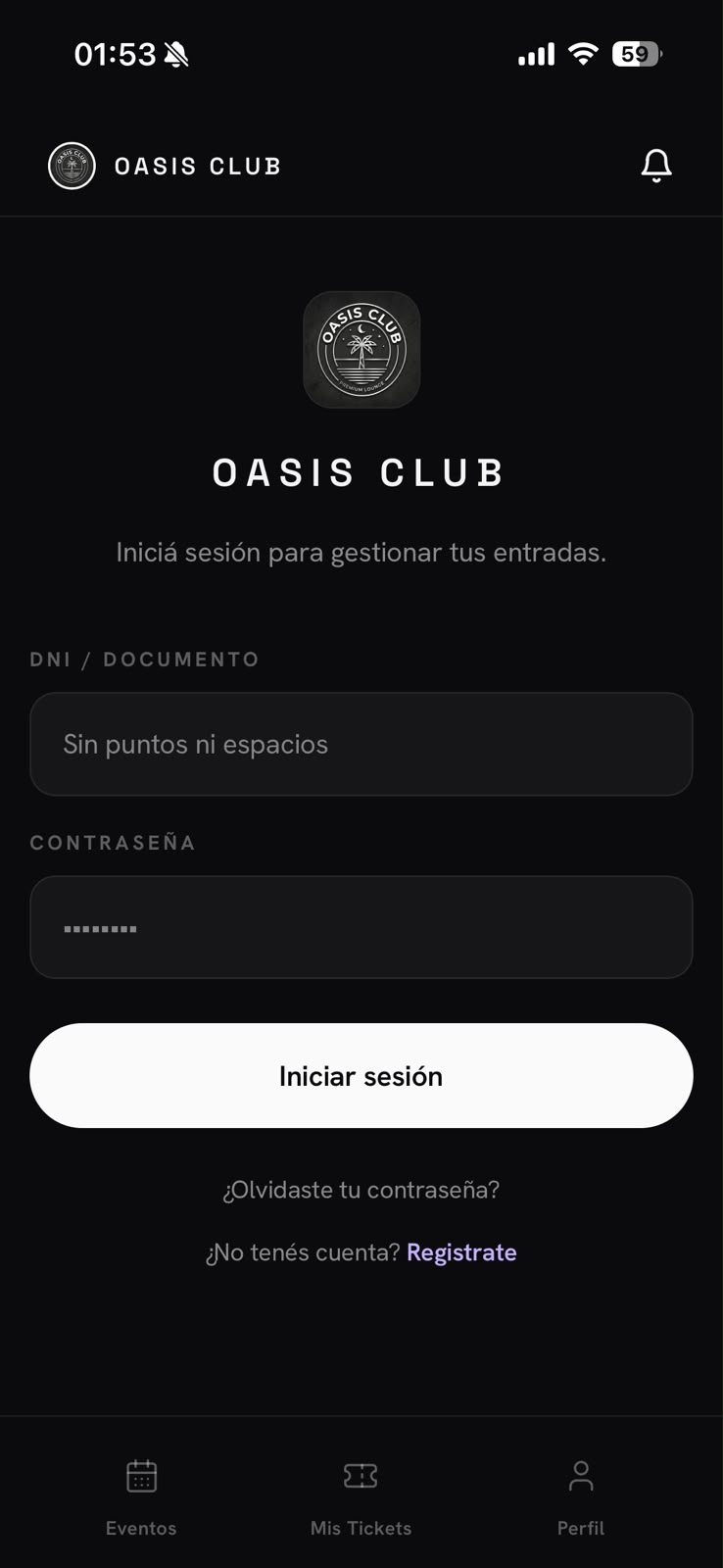 App de Oasis Club — inicio de sesión con DNI